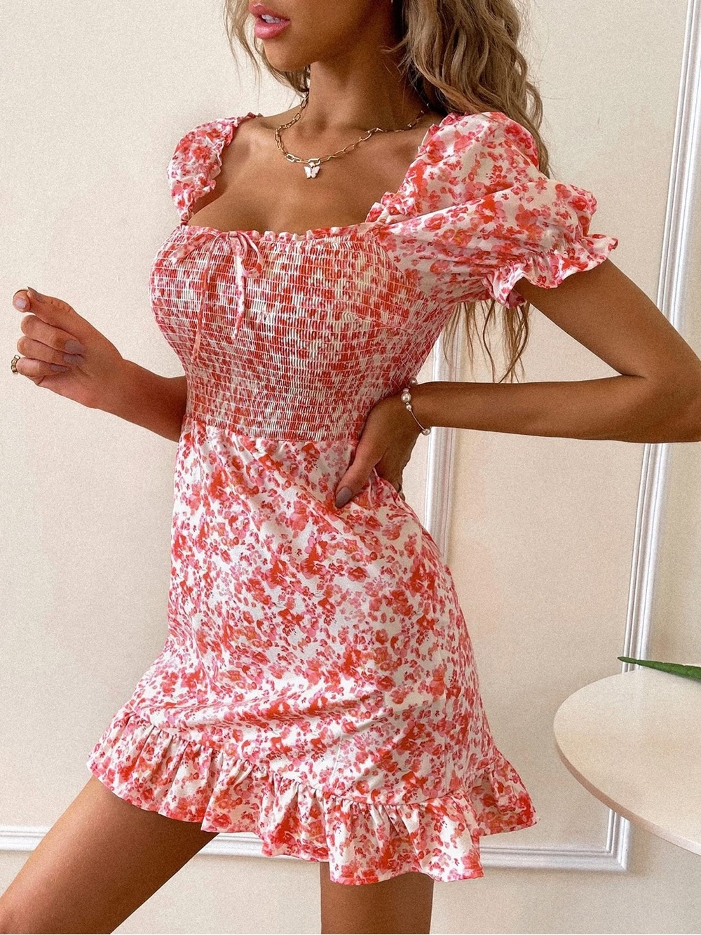 Red floral summer mini dress (S)